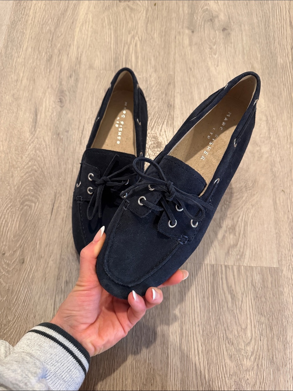 Marc Fisher Navy Suede Lace-Detail Driving boat shoe Loafers - larroude look